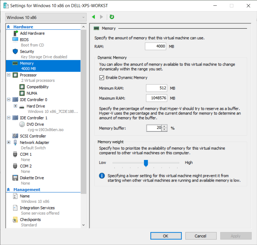 Example of virtual machine settings in Hyper-V Example of virtual machine settings in Hyper-V